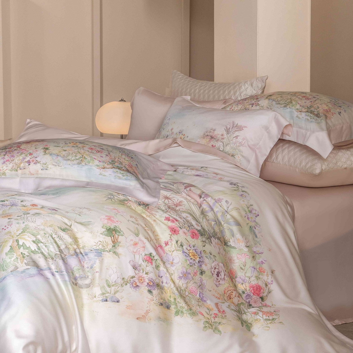 91家纺网 家纺一手货源 找家纺 佳汐蓝家纺 2026新款60天丝印花大版花四件套 天丝 夏怡花园 粉绿