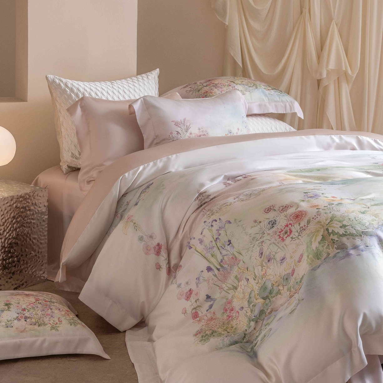 91家纺网 家纺一手货源 找家纺 佳汐蓝家纺 2026新款60天丝印花大版花四件套 天丝 夏怡花园 粉绿