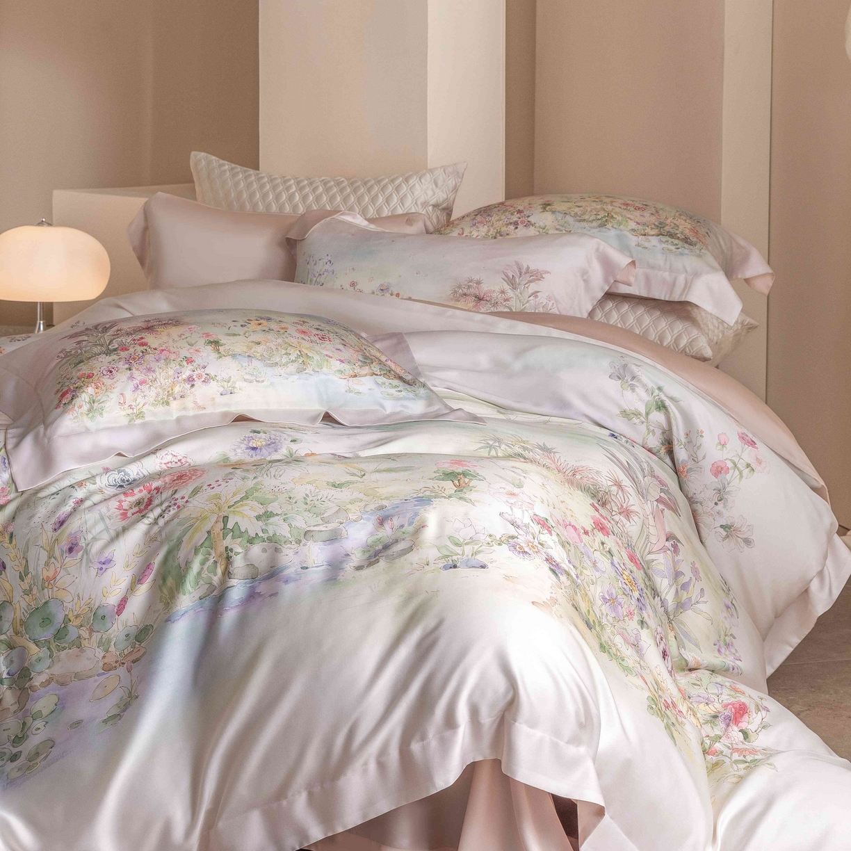 91家纺网 家纺一手货源 找家纺 佳汐蓝家纺 2026新款60天丝印花大版花四件套 天丝 夏怡花园 粉绿