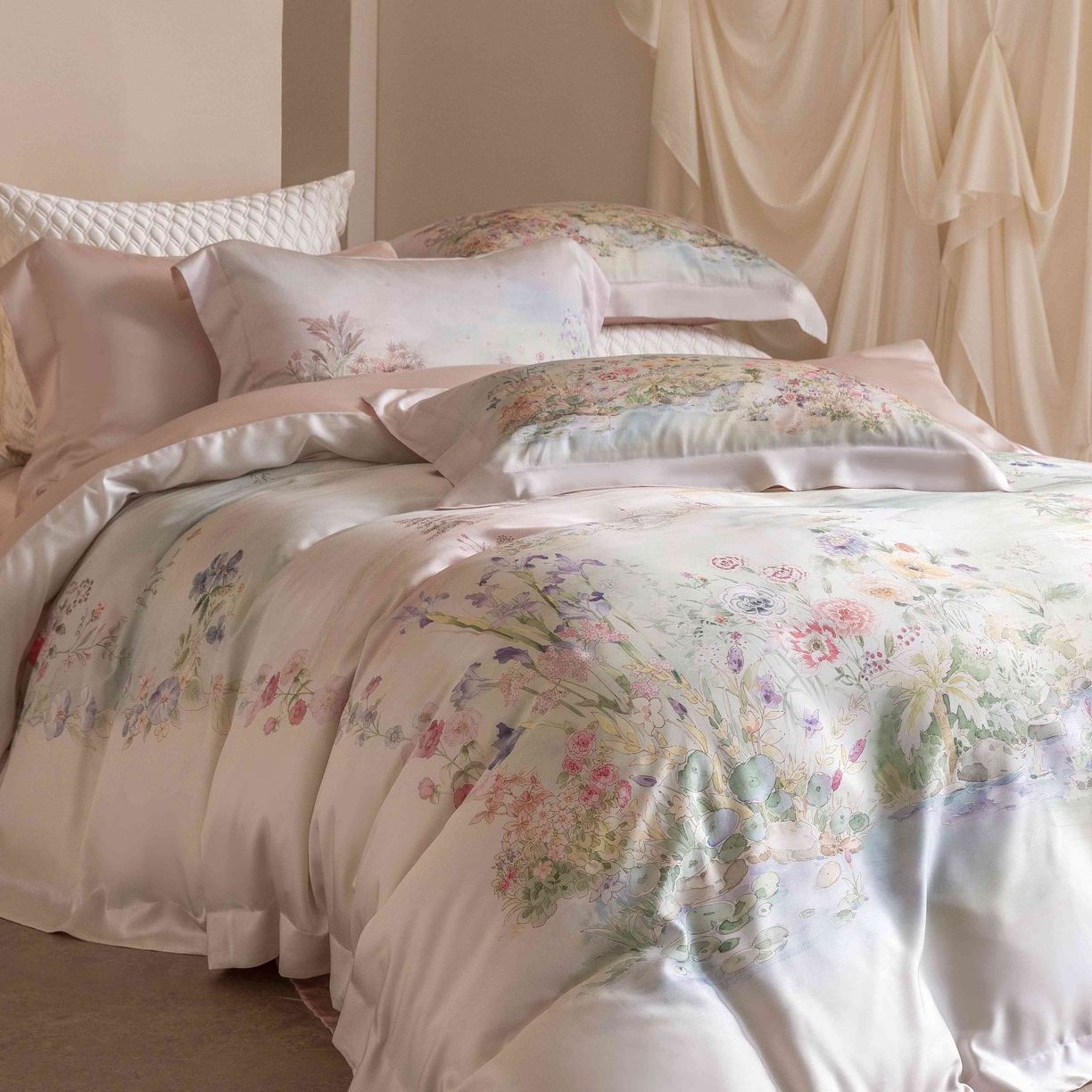 91家纺网 家纺一手货源 找家纺 佳汐蓝家纺 2026新款60天丝印花大版花四件套 天丝 夏怡花园 粉绿