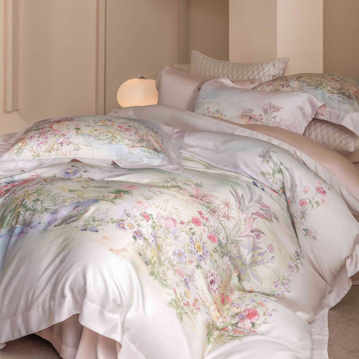 91家纺网 家纺一手货源 找家纺 佳汐蓝家纺 2026新款60天丝印花大版花四件套 天丝 夏怡花园 粉绿