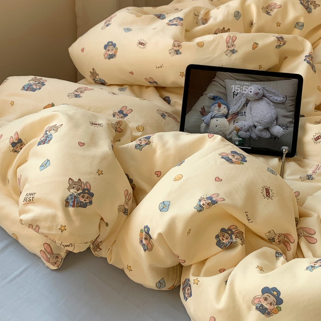 91家纺网 家纺一手货源 找家纺 桃喜 2026春夏新款全棉纯棉双层纱系列四件套 双层纱-兔子狐狸搭档