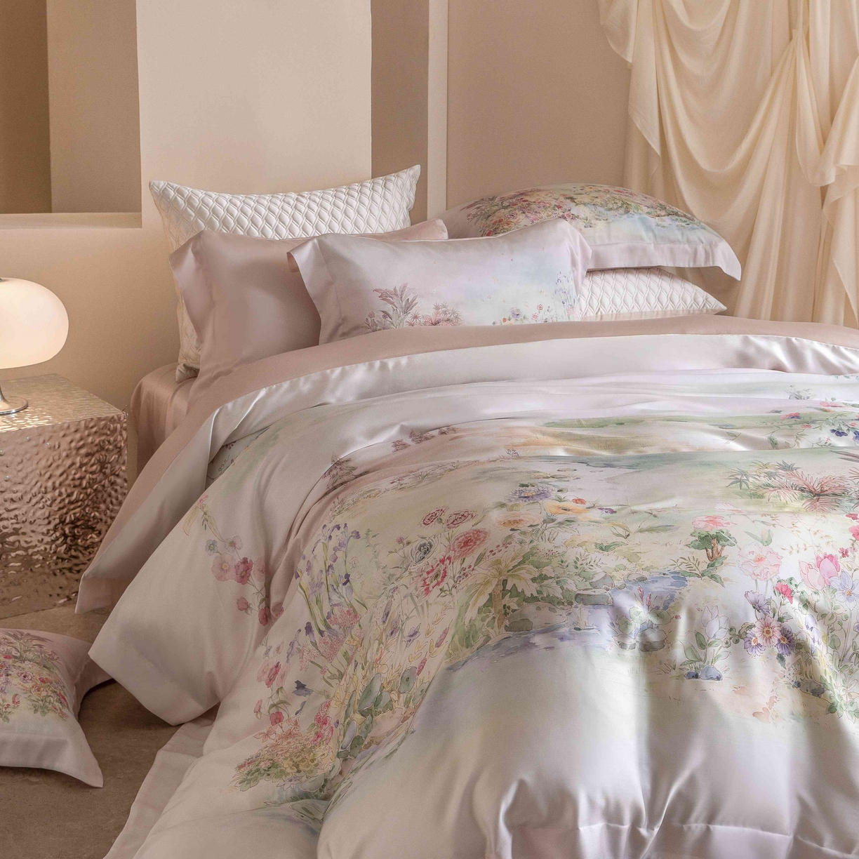 91家纺网 家纺一手货源 找家纺 佳汐蓝家纺 2026新款60天丝印花大版花四件套 天丝 夏怡花园 粉绿