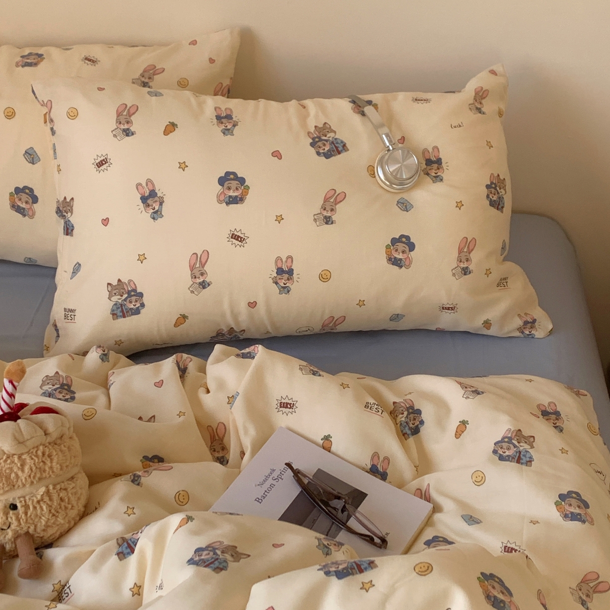 91家纺网 家纺一手货源 找家纺 桃喜 2026春夏新款全棉纯棉双层纱系列四件套 双层纱-兔子狐狸搭档