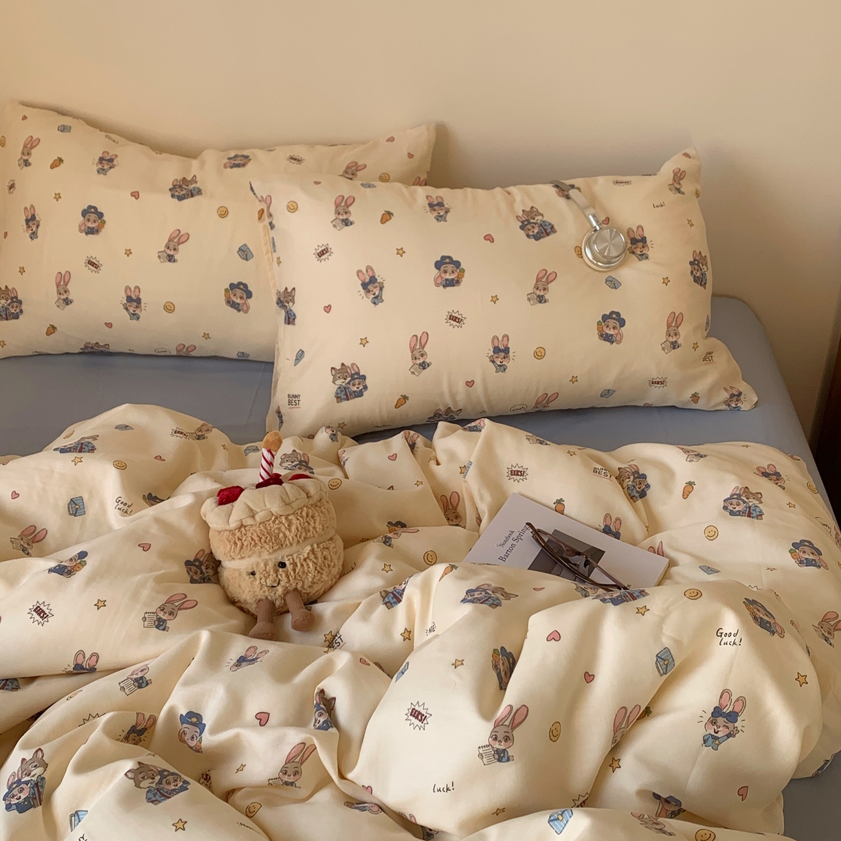 91家纺网 家纺一手货源 找家纺 桃喜 2026春夏新款全棉纯棉双层纱系列四件套 双层纱-兔子狐狸搭档