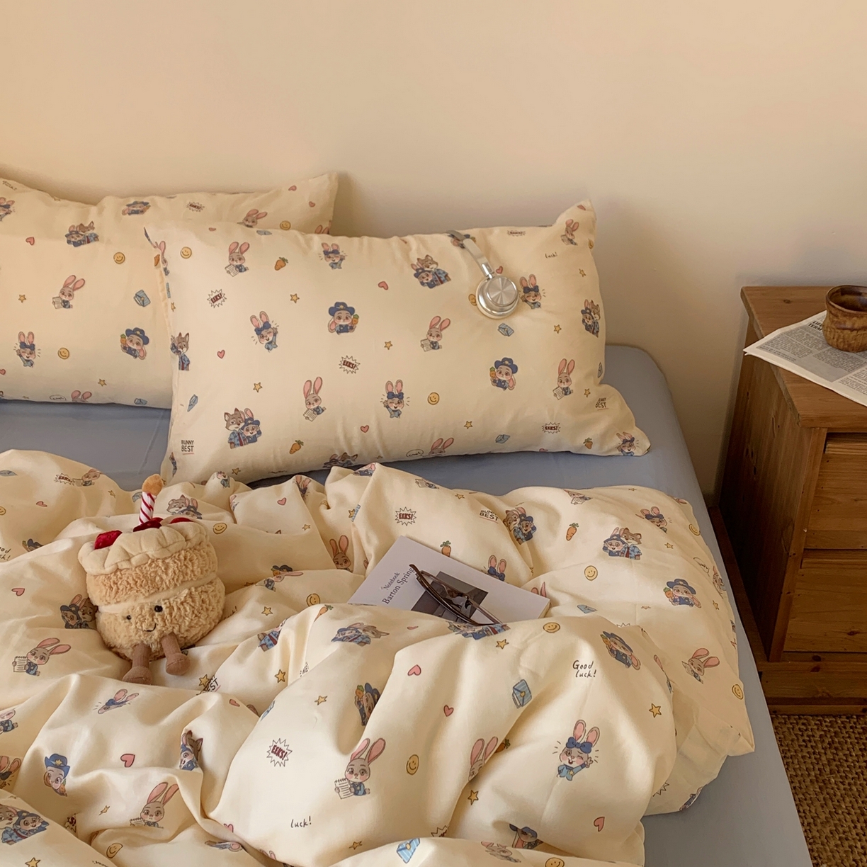 91家纺网 家纺一手货源 找家纺 桃喜 2026春夏新款全棉纯棉双层纱系列四件套 双层纱-兔子狐狸搭档