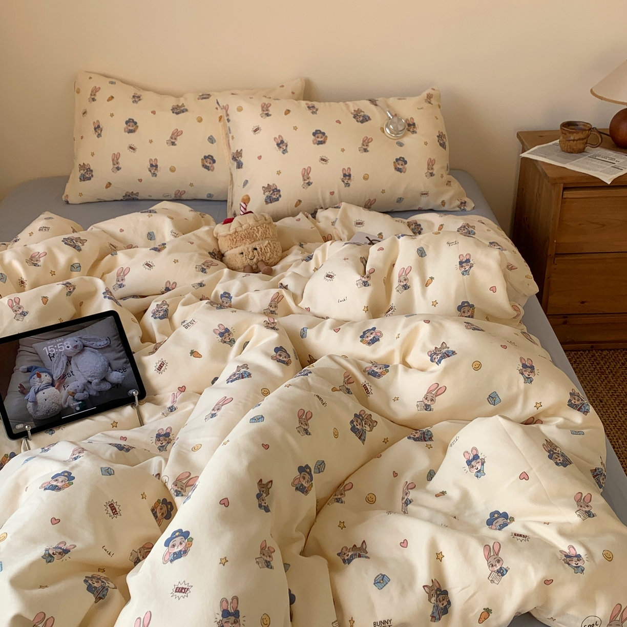 91家纺网 家纺一手货源 找家纺 桃喜 2026春夏新款全棉纯棉双层纱系列四件套 双层纱-兔子狐狸搭档