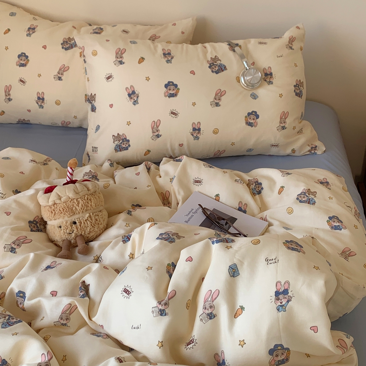 91家纺网 家纺一手货源 找家纺 桃喜 2026春夏新款全棉纯棉双层纱系列四件套 双层纱-兔子狐狸搭档