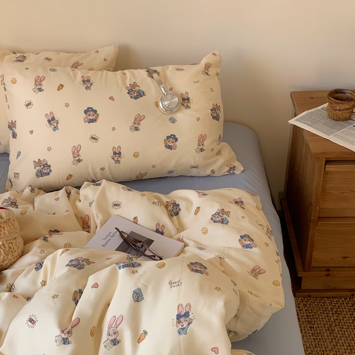 91家纺网 家纺一手货源 找家纺 桃喜 2026春夏新款全棉纯棉双层纱系列四件套 双层纱-兔子狐狸搭档