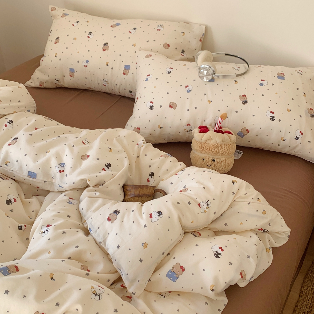 91家纺网 家纺一手货源 找家纺 桃喜 2026春夏新款全棉纯棉双层纱系列四件套 双层纱-小猫星星