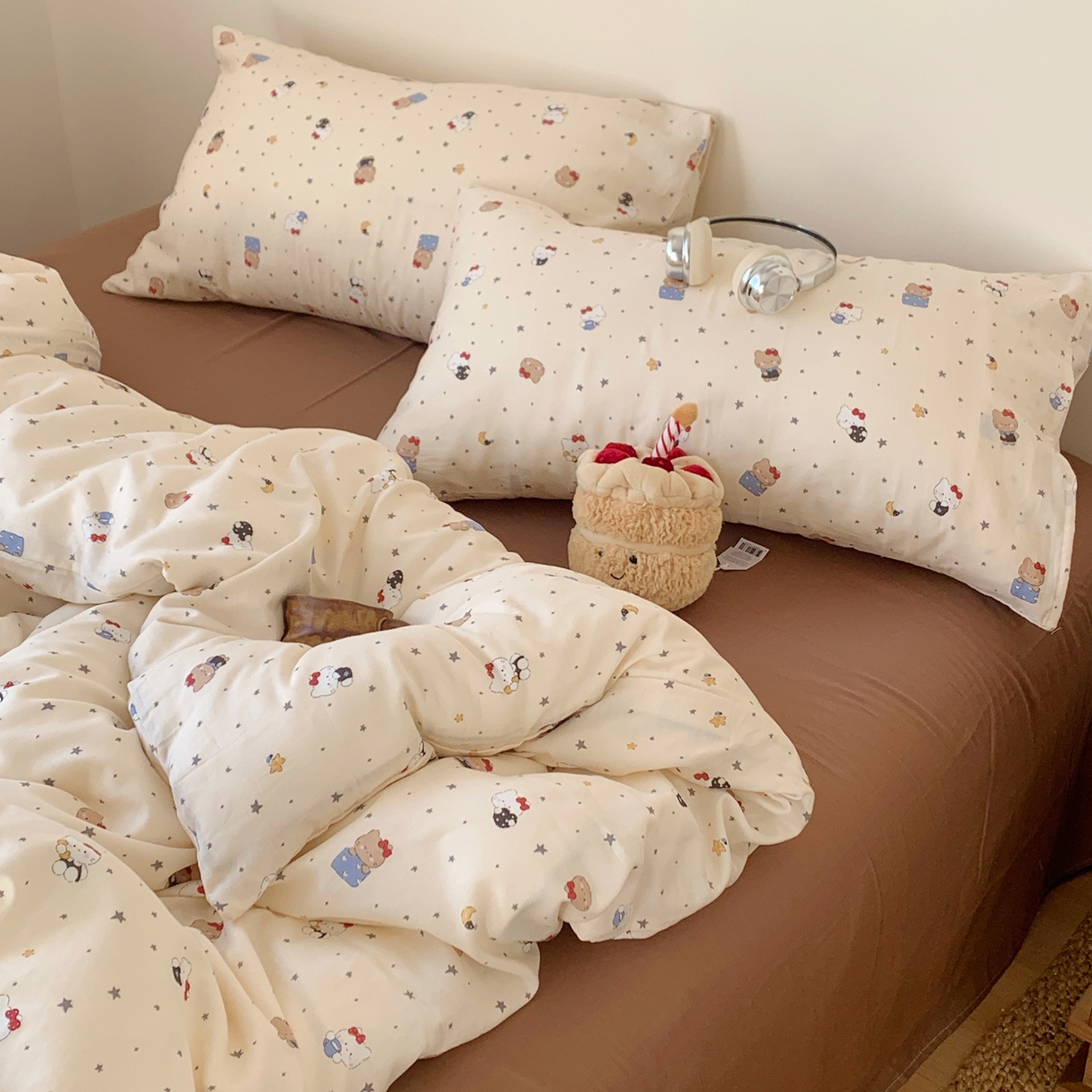 91家纺网 家纺一手货源 找家纺 桃喜 2026春夏新款全棉纯棉双层纱系列四件套 双层纱-小猫星星