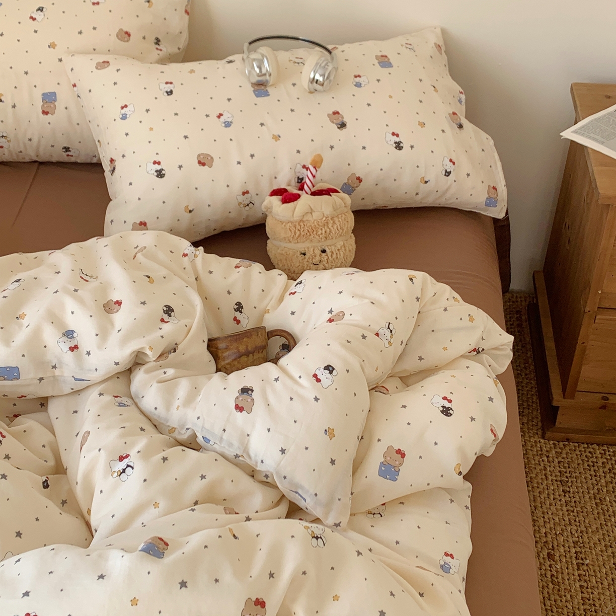 91家纺网 家纺一手货源 找家纺 桃喜 2026春夏新款全棉纯棉双层纱系列四件套 双层纱-小猫星星