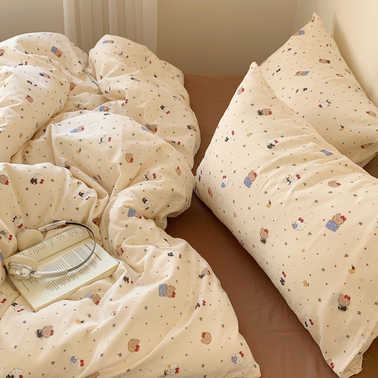 91家纺网 家纺一手货源 找家纺 桃喜 2026春夏新款全棉纯棉双层纱系列四件套 双层纱-小猫星星