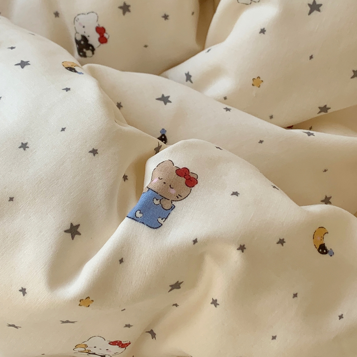 91家纺网 家纺一手货源 找家纺 桃喜 2026春夏新款全棉纯棉双层纱系列四件套 双层纱-小猫星星