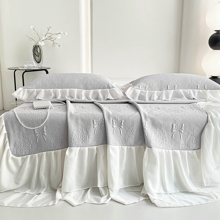 91家纺网 家纺一手货源 找家纺 佰亿莱 2026新款凉感豆豆提花床裙款凉席手捧花系列 手捧花灰