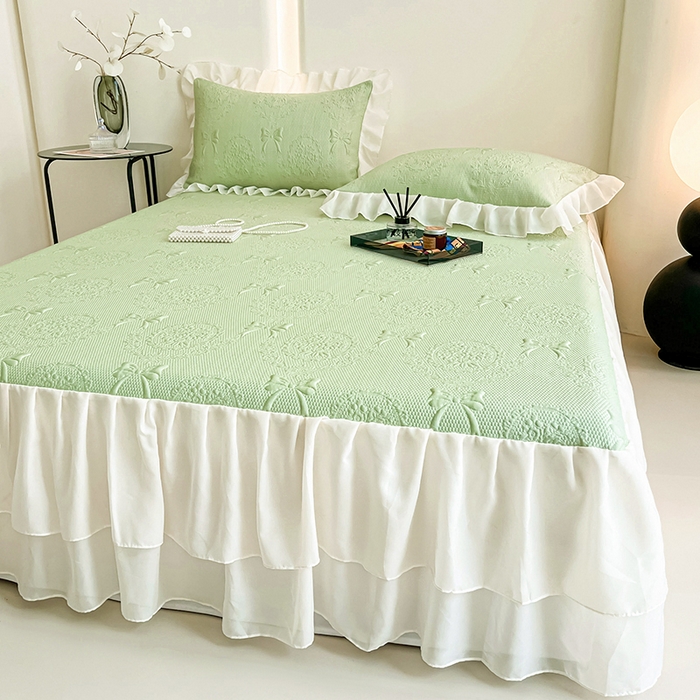 91家纺网 家纺一手货源 找家纺 佰亿莱 2026新款凉感豆豆提花床裙款凉席手捧花系列 手捧花绿