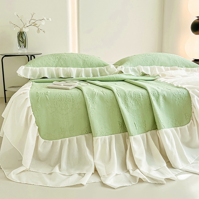 91家纺网 家纺一手货源 找家纺 佰亿莱 2026新款凉感豆豆提花床裙款凉席手捧花系列 手捧花绿