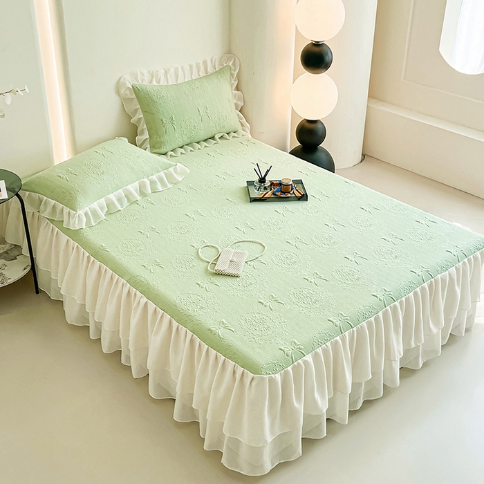 91家纺网 家纺一手货源 找家纺 佰亿莱 2026新款凉感豆豆提花床裙款凉席手捧花系列 手捧花绿