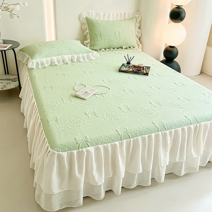 91家纺网 家纺一手货源 找家纺 佰亿莱 2026新款凉感豆豆提花床裙款凉席手捧花系列 手捧花绿