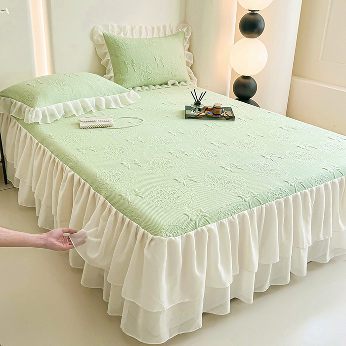 91家纺网 家纺一手货源 找家纺 佰亿莱 2026新款凉感豆豆提花床裙款凉席手捧花系列 手捧花绿