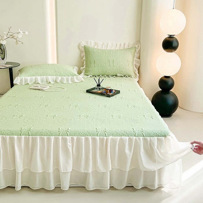 91家纺网 家纺一手货源 找家纺 佰亿莱 2026新款凉感豆豆提花床裙款凉席手捧花系列 手捧花绿