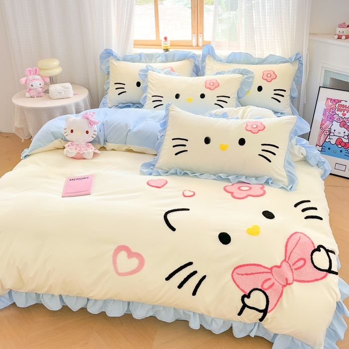 泉欣家纺 2026新款网红可爱卡通 公主风毛巾绣花水洗棉四件套（专版花型） 甜甜猫咪-奶黄蓝