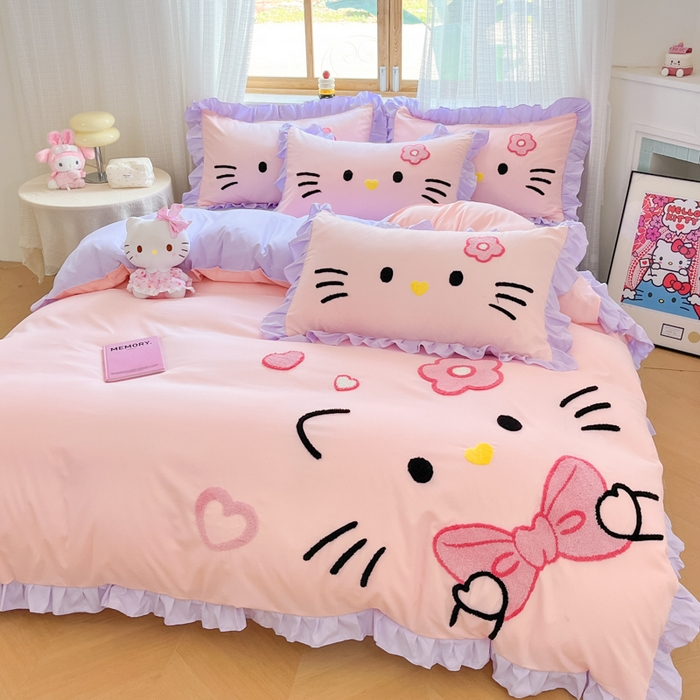 泉欣家纺 2026新款网红可爱卡通 公主风毛巾绣花水洗棉四件套（专版花型） 甜甜猫咪-粉紫
