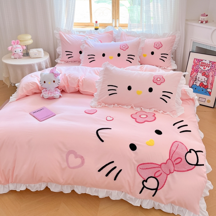 泉欣家纺 2026新款网红可爱卡通 公主风毛巾绣花水洗棉四件套（专版花型） 甜甜猫咪-粉玉