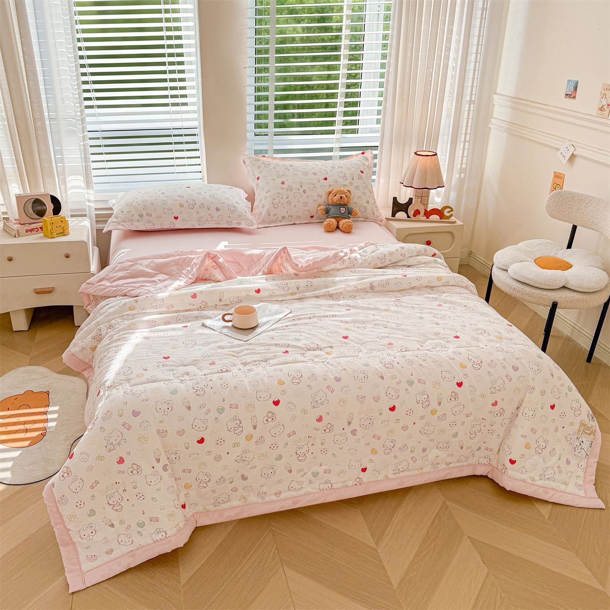 91家纺网 家纺一手货源 找家纺 西域种棉人·千百笠 2026新款A类新疆棉花夏凉被加宽包边水洗棉卡通印花吸湿透气棉花夏被空调被 云感萌仔