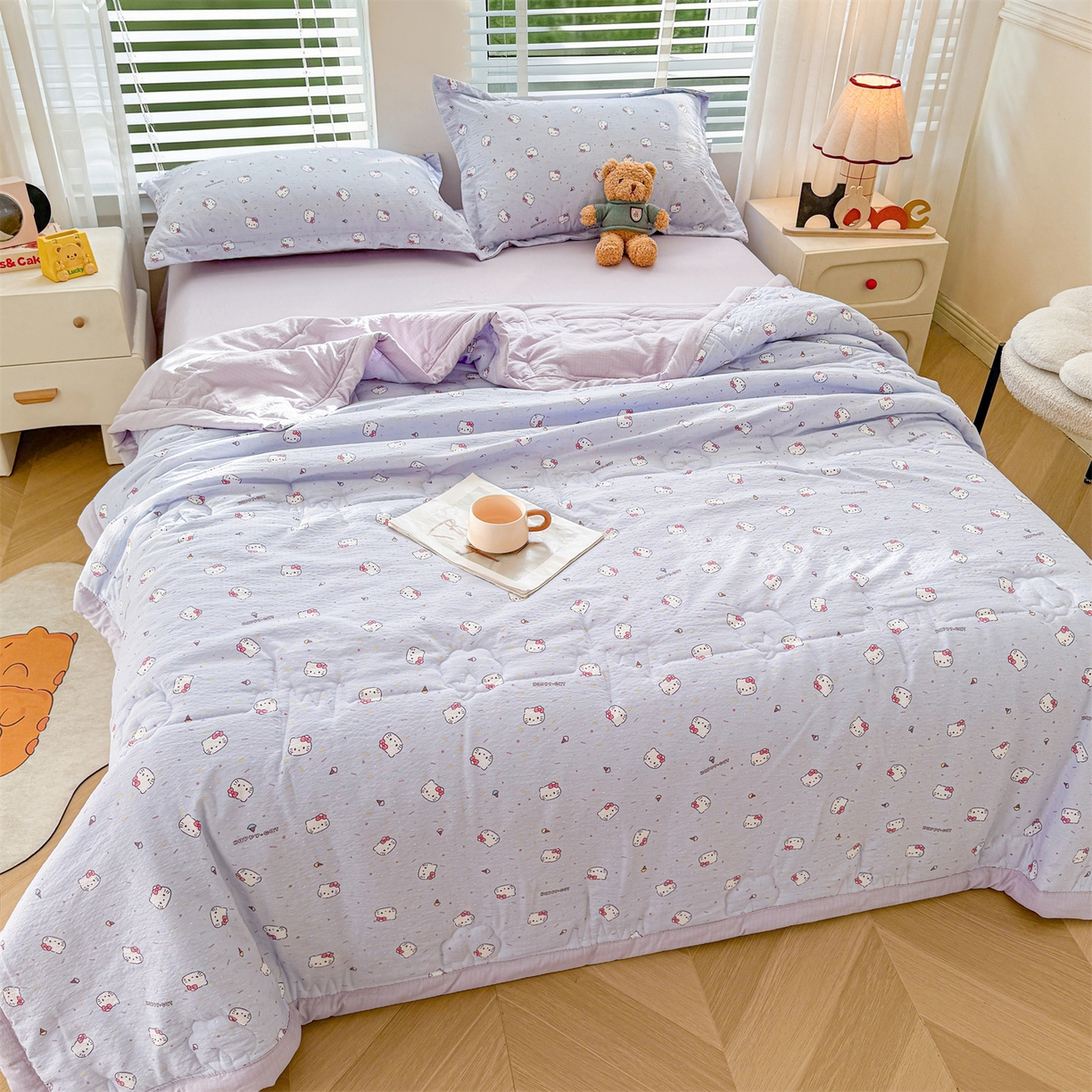 91家纺网 家纺一手货源 找家纺 西域种棉人·千百笠 2026新款A类新疆棉花夏凉被加宽包边水洗棉卡通印花吸湿透气棉花夏被空调被 云感瑞拉