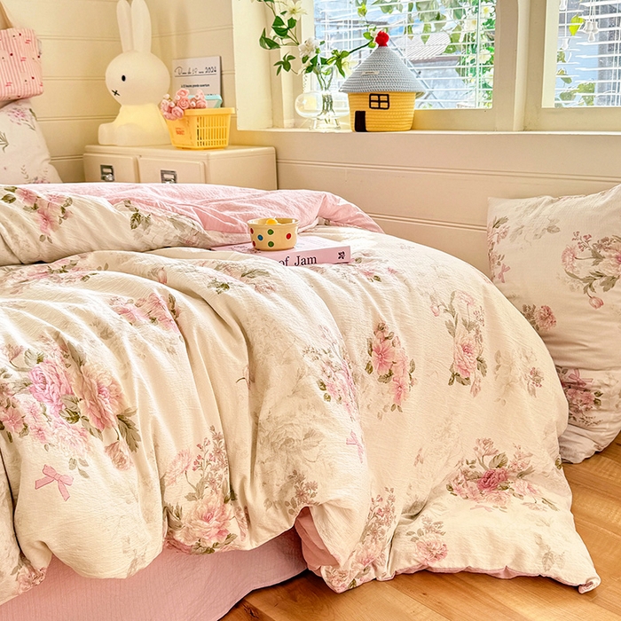 91家纺网 家纺一手货源 找家纺 九诺家纺 2026新款丝柔棉加厚小清新印花四件套-甜心 甜心-花谷