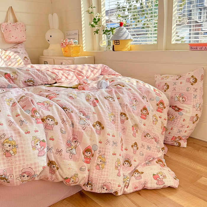 91家纺网 家纺一手货源 找家纺 九诺家纺 2026新款丝柔棉加厚小清新印花四件套-甜心 甜心-草莓女孩