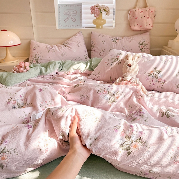 91家纺网 家纺一手货源 找家纺 九诺家纺 2026新款丝柔棉加厚小清新印花四件套-甜心 甜心-紫薇花