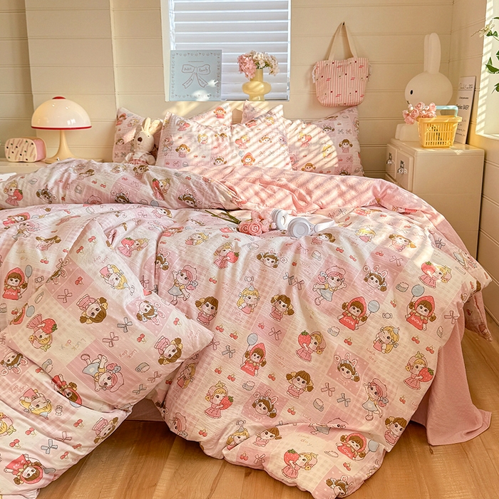 91家纺网 家纺一手货源 找家纺 九诺家纺 2026新款丝柔棉加厚小清新印花四件套-甜心 甜心-草莓女孩