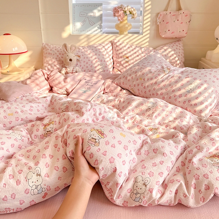 91家纺网 家纺一手货源 找家纺 九诺家纺 2026新款丝柔棉加厚小清新印花四件套-甜心 甜心-星星兔