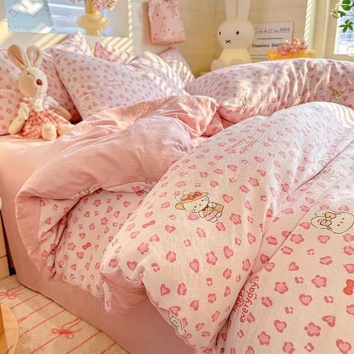 91家纺网 家纺一手货源 找家纺 九诺家纺 2026新款丝柔棉加厚小清新印花四件套-甜心 甜心-星星兔