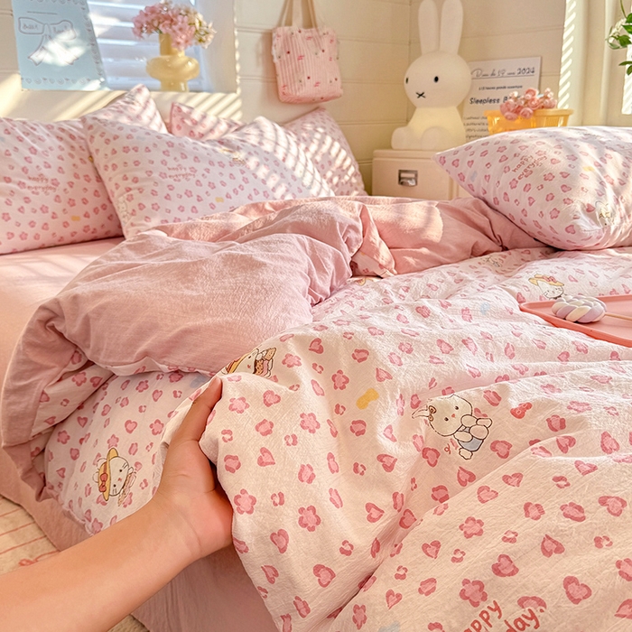 91家纺网 家纺一手货源 找家纺 九诺家纺 2026新款丝柔棉加厚小清新印花四件套-甜心 甜心-星星兔