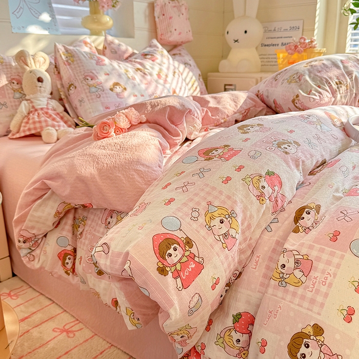 91家纺网 家纺一手货源 找家纺 九诺家纺 2026新款丝柔棉加厚小清新印花四件套-甜心 甜心-草莓女孩