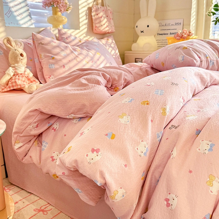 91家纺网 家纺一手货源 找家纺 九诺家纺 2026新款丝柔棉加厚小清新印花四件套-甜心 甜心-圣代甜猫粉