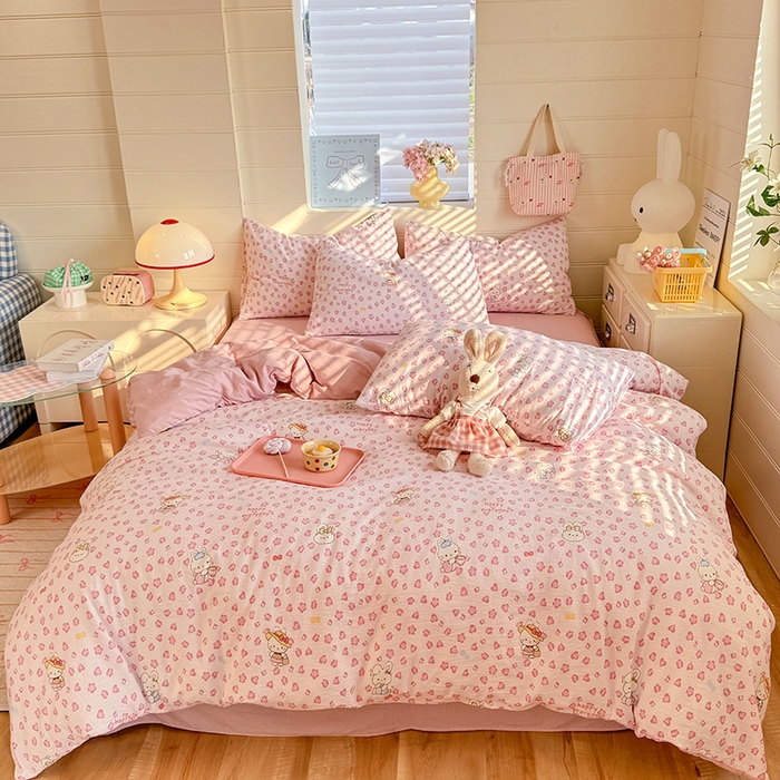 91家纺网 家纺一手货源 找家纺 九诺家纺 2026新款丝柔棉加厚小清新印花四件套-甜心 甜心-星星兔