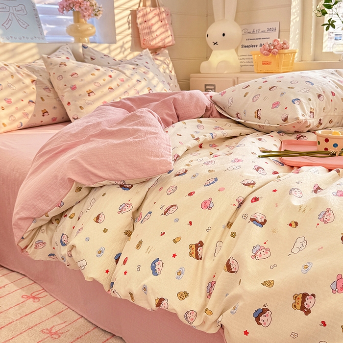 九诺家纺 2026新款丝柔棉加厚小清新印花四件套-甜心 甜心-快乐伙伴