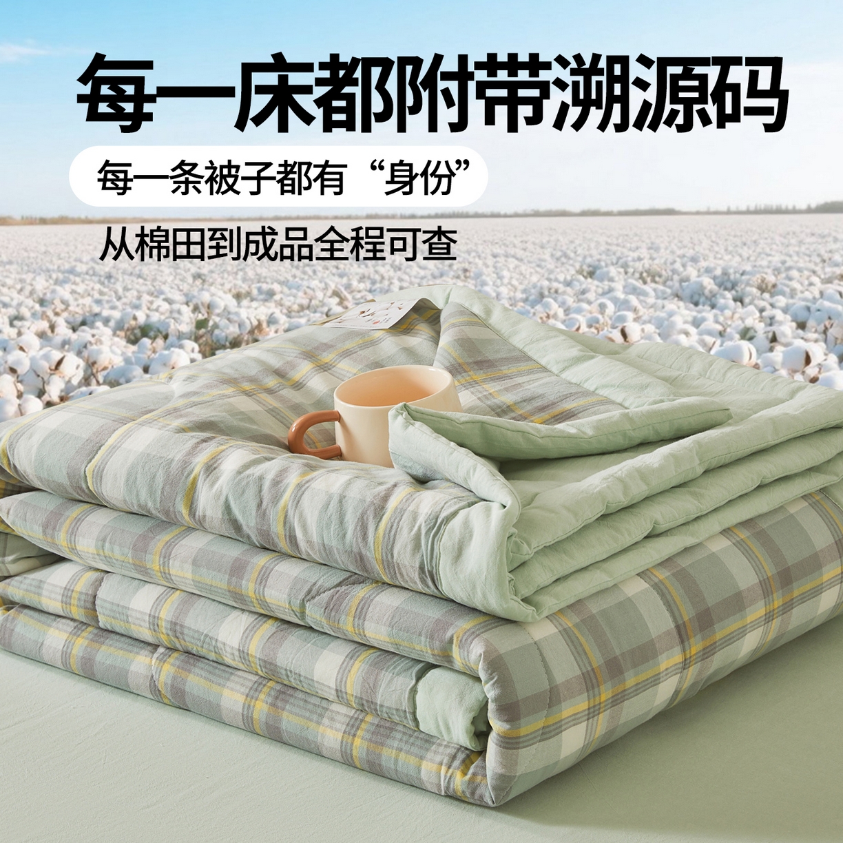 91家纺网 家纺一手货源 找家纺 西域种棉人·千百笠 2026新款A类里外全棉夏凉被100%新疆棉纯棉全棉填充无印格子款空调被夏被 里外全棉-印象 绿格
