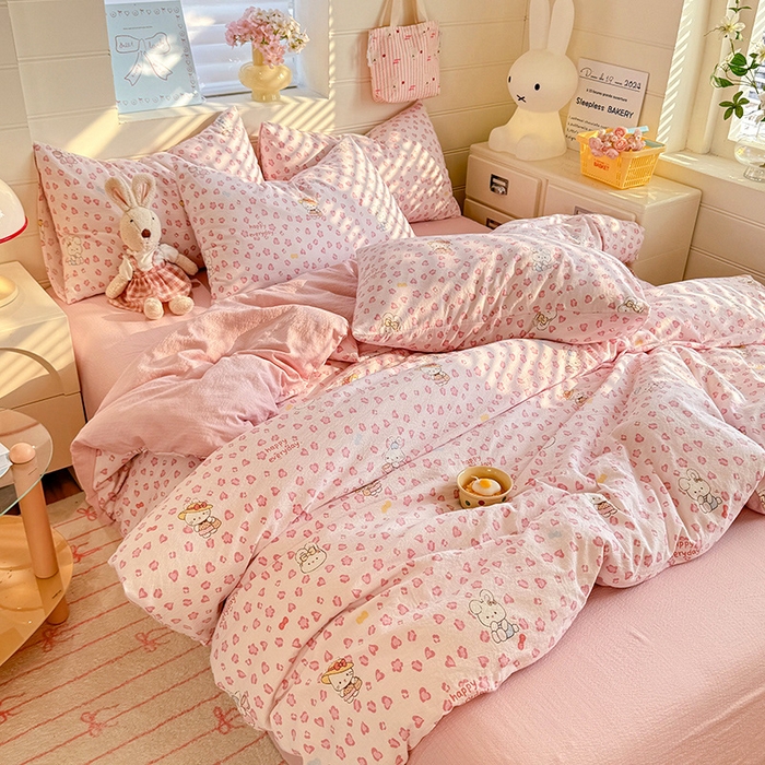 91家纺网 家纺一手货源 找家纺 九诺家纺 2026新款丝柔棉加厚小清新印花四件套-甜心 甜心-星星兔
