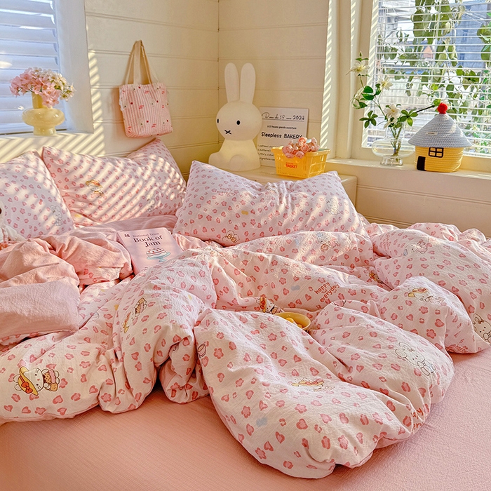 91家纺网 家纺一手货源 找家纺 九诺家纺 2026新款丝柔棉加厚小清新印花四件套-甜心 甜心-星星兔