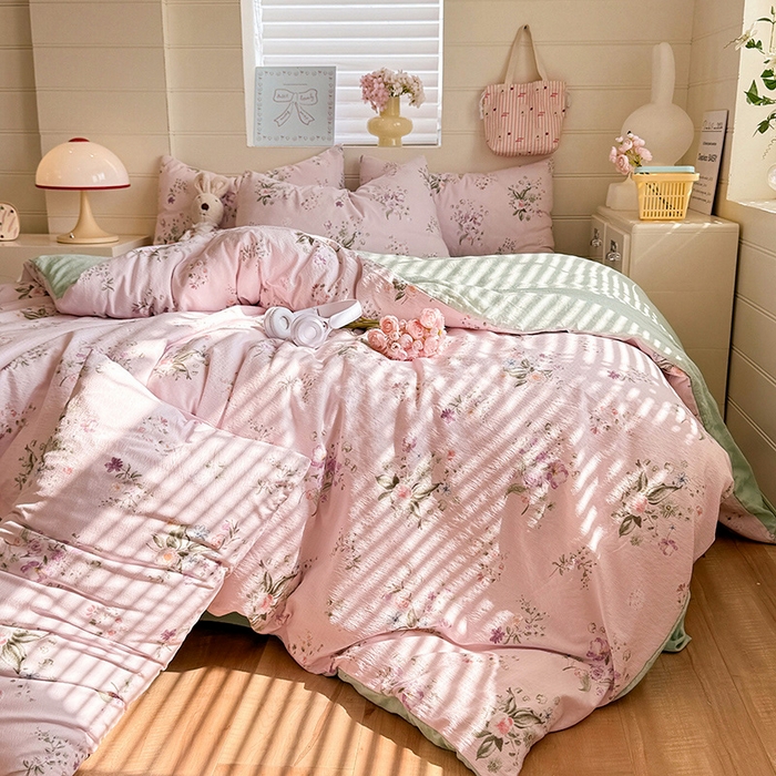 91家纺网 家纺一手货源 找家纺 九诺家纺 2026新款丝柔棉加厚小清新印花四件套-甜心 甜心-紫薇花