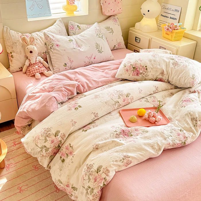 91家纺网 家纺一手货源 找家纺 九诺家纺 2026新款丝柔棉加厚小清新印花四件套-甜心 甜心-花谷