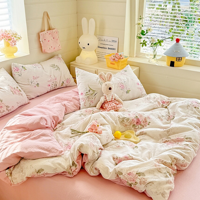 91家纺网 家纺一手货源 找家纺 九诺家纺 2026新款丝柔棉加厚小清新印花四件套-甜心 甜心-花谷