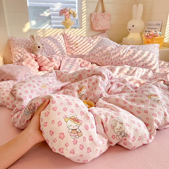 91家纺网 家纺一手货源 找家纺 九诺家纺 2026新款丝柔棉加厚小清新印花四件套-甜心 甜心-星星兔