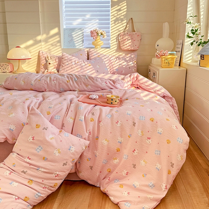 91家纺网 家纺一手货源 找家纺 九诺家纺 2026新款丝柔棉加厚小清新印花四件套-甜心 甜心-圣代甜猫粉