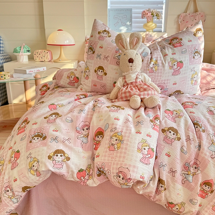 91家纺网 家纺一手货源 找家纺 九诺家纺 2026新款丝柔棉加厚小清新印花四件套-甜心 甜心-草莓女孩